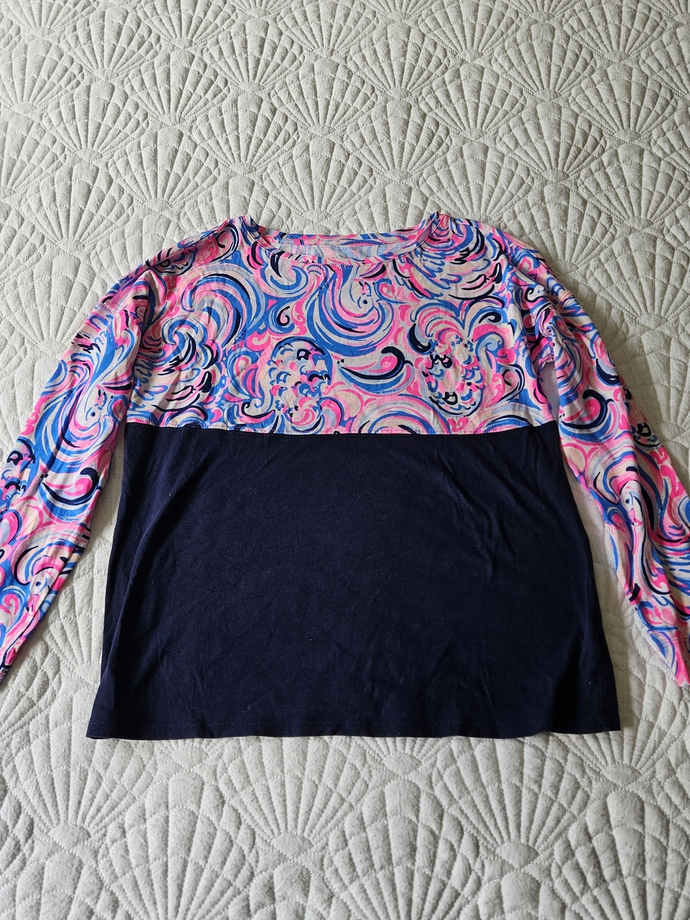 Girl's Navy and Pink Patterned Long-Sleeve Top